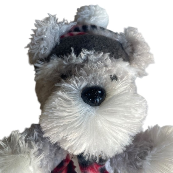 HUGFUN SCHNAUZER GRAY WHITE DOG PLUSH STUFFED ANIMAL WINTER HAT SCARF - Picture 2 of 8